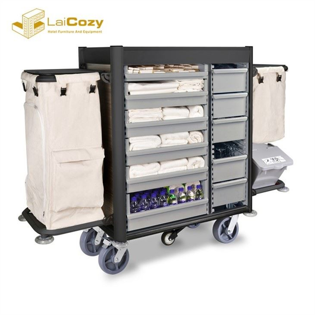 Heavy Duty Aluminum Hotel Housekeeping Trolley Maid Cart 