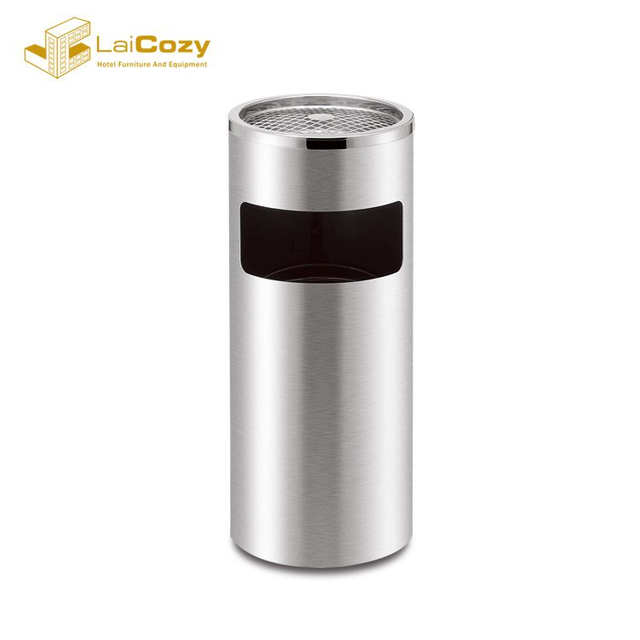 Hotel Lobby Brushed Stainless Steel Waste Bin with Top Ashtray