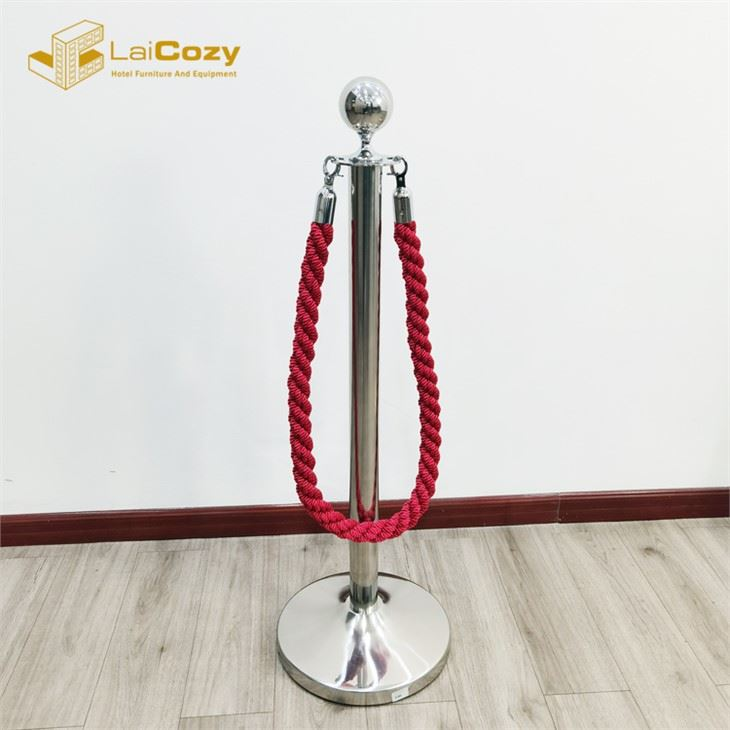 Red Velour Rope Brushed Metal Crowd Control Barrier Stanchion Post
