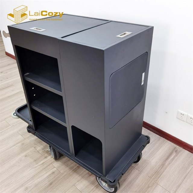 Black Aluminum Hotel Maid Cart Housekeeping Service Trolley